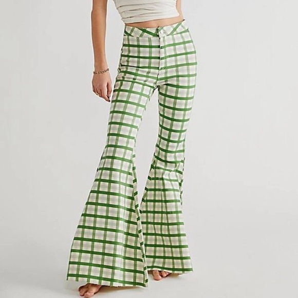 Free People Denim - Free People Just Float On Printed Flare Jeans Green Plaid 30